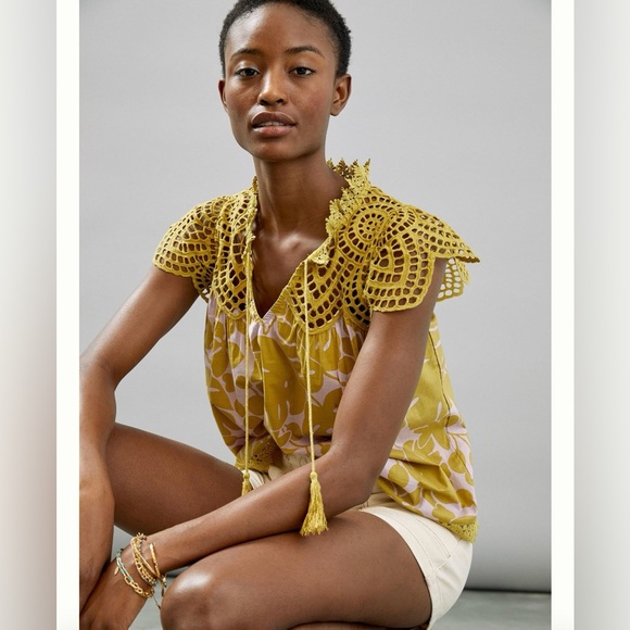 ANTHROPOLOGIE Blue Tassel Charlize Blouse Peasant Crochet XS - Picture 3 of 8